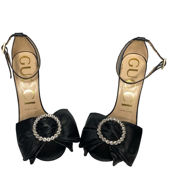 Gucci Nappa Charlotte Leather Heels with Crystal Bow and Ankle Strap Sz 36 1/2. - Picture 1 of 8